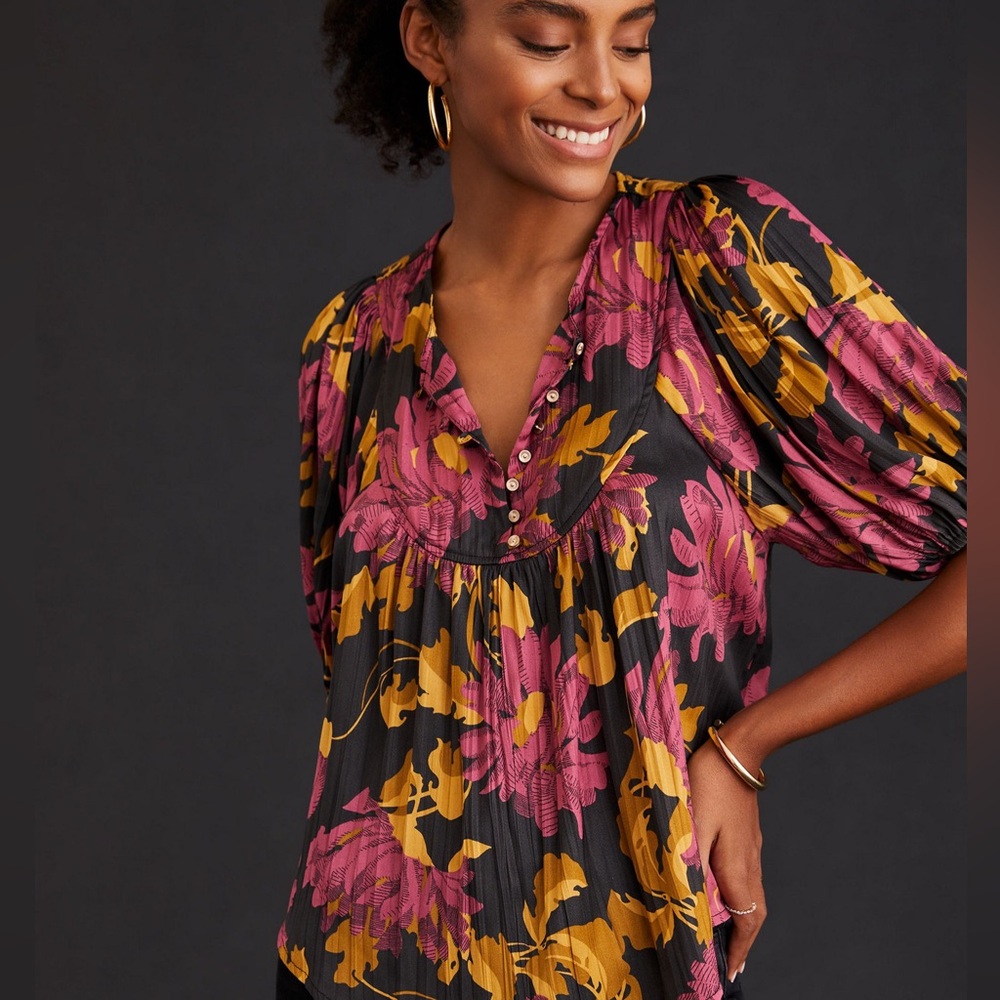 Anthropologie Floral Satin Blouse